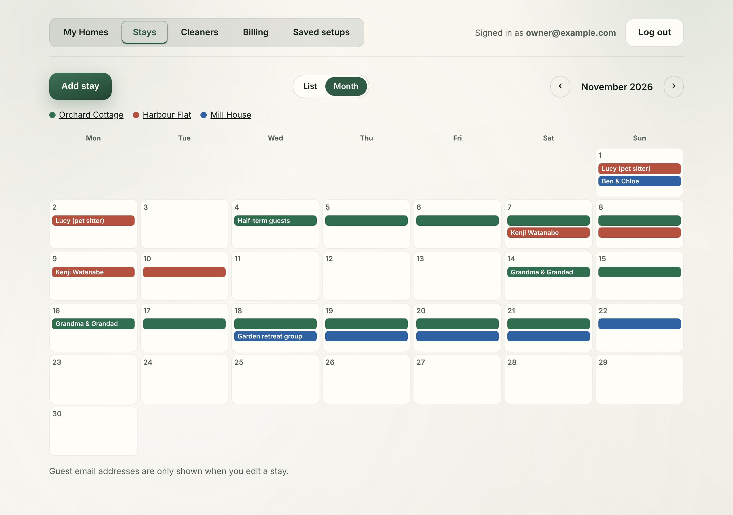 Month calendar of stays across three homes