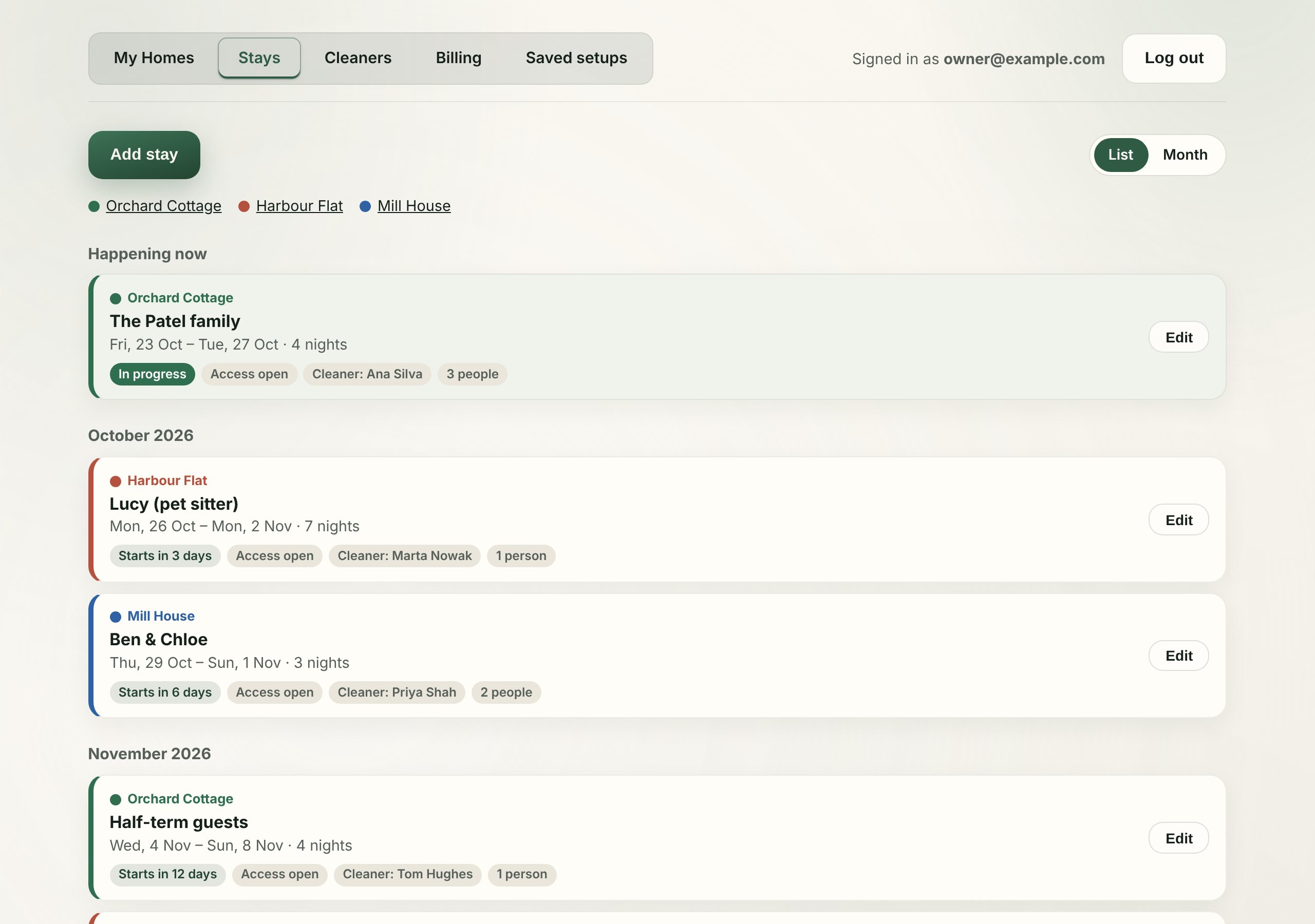 Account Stays: every upcoming stay across three homes, with a colour per home and who is cleaning