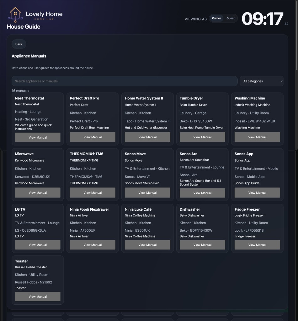 Appliance manuals grid in the house guide