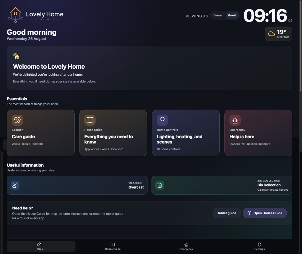 Guest home screen with essentials for sitters