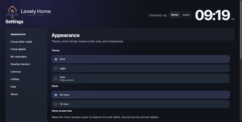 Settings for theme, clock, and tablet preferences